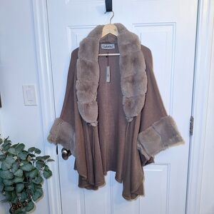 Chalet Faux-Fur Trim Taupe Open-Front Poncho Sweater